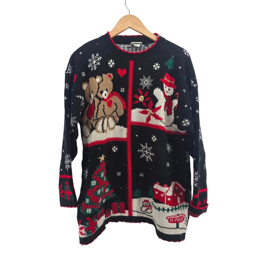 Classic Elements Sweater Womens Large Ugly Christmas Teddy Bear Snowman Black